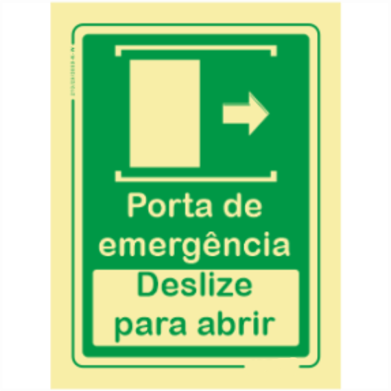Sinal de Emergência - Sentido Direita "Porta de emergência" "Deslize para abrir"