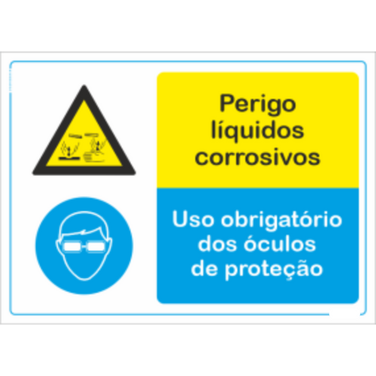 Compostos - "Perigo líquidos corrosivos" "Uso obrigatório de óculos de proteção"