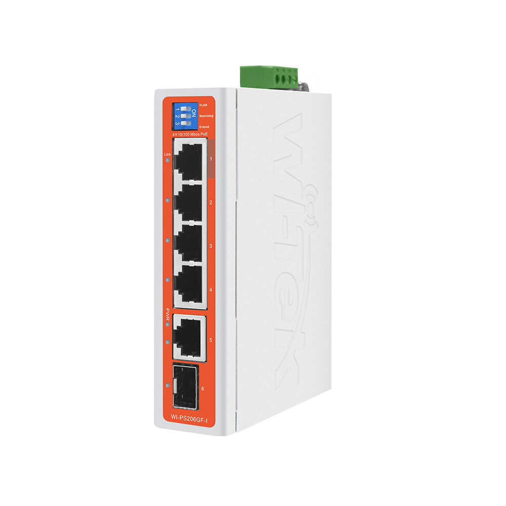 Switch PoE robusto com 4 PoE Fast + 1 RJ45 Gigabit + 1 Gigabit SFP WI-TEK