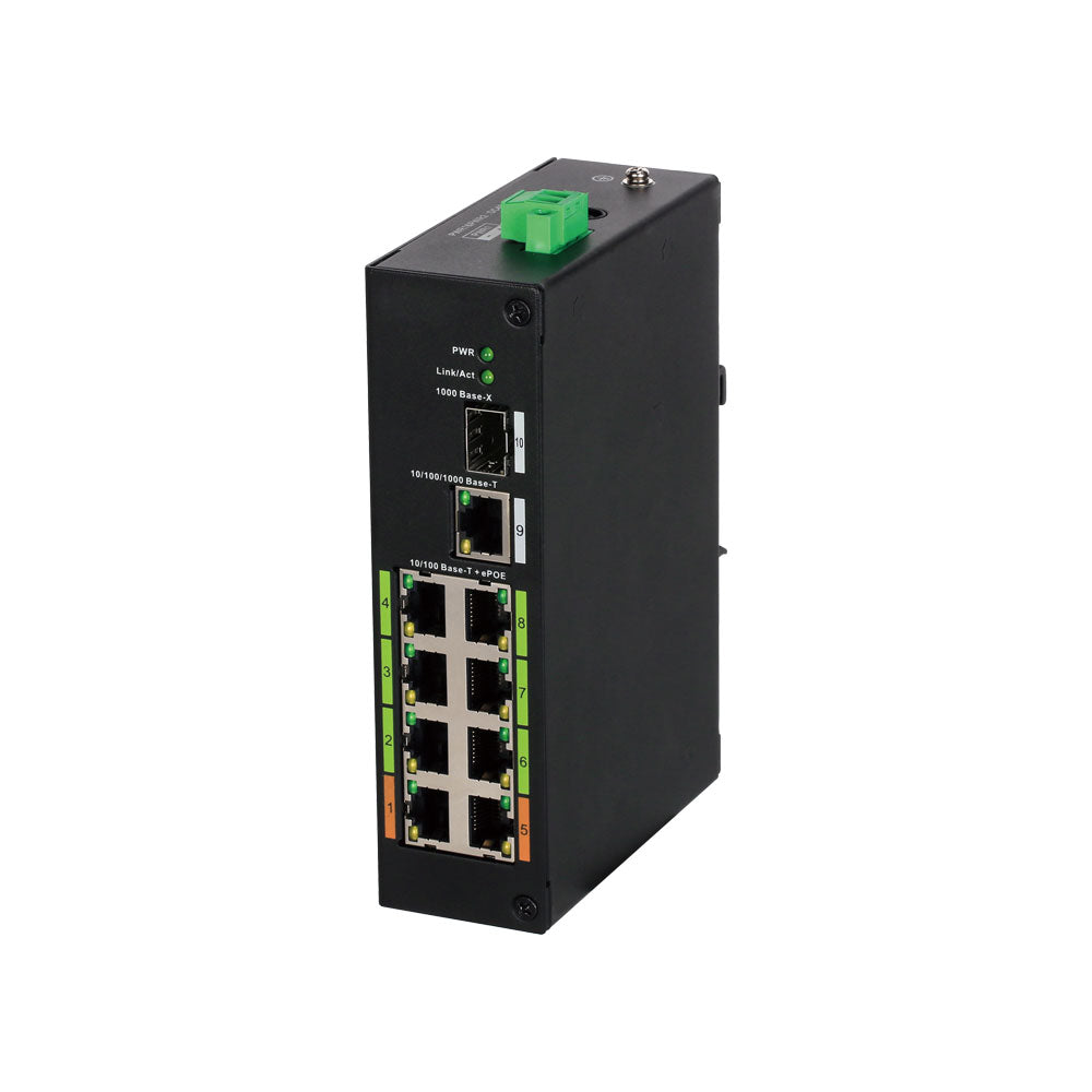 Switch industrial não gerido (L2) com 8 portas ePoE + 1 porta de ligação ascendente Gigabit Ethernet + 1 porta Gigabit Fibre SFP. DAHUA