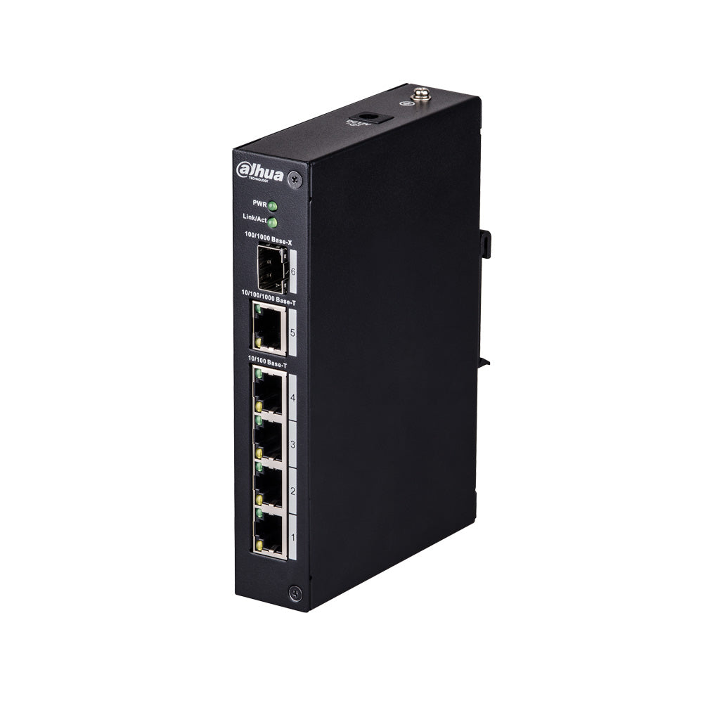 Switch industrial (L2) não gerido com 4 portas Fast Ethernet + 1 porta de ligação ascendente Gigabit + 1 porta 1000Base-X SFP DAHUA