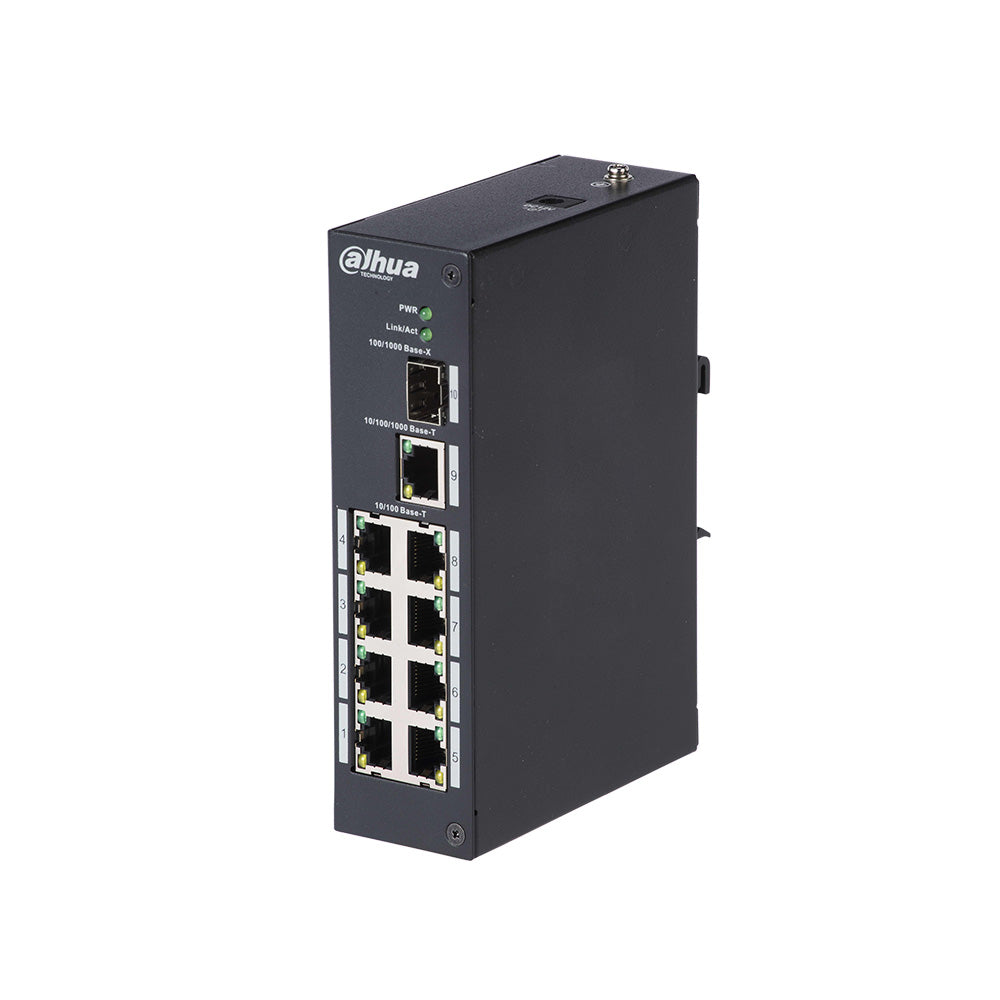 Switch Fast Ethernet industrial (L2) não gerido de 8 portas + 1 porta de ligação ascendente Gigabit + 1 porta 1000Base-X SFP DAHUA